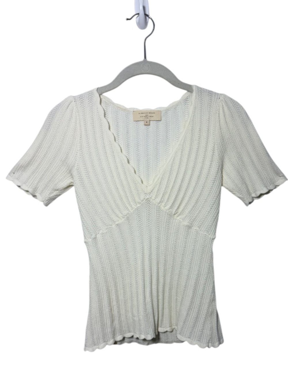 Sézane Scalloped V-Neck Pointelle Knit Top Off White Ecru Sz Small